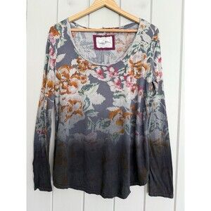 Pure + Good Anthropologie Top M Medium Floral Print Dip Dye Long Sleeves Scoop